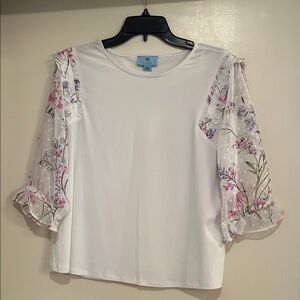 CeCe White Blouse with Pink Floral Sleeves